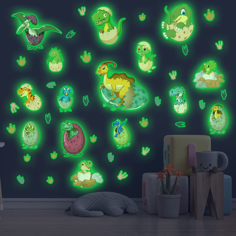 Robmoda Glow in The Dark Dinosaur Wall Decals for Kids Room, Removable Footprints Baby Nino Vinyl Stickers, Nursery Decoration Classroom Gift for Boy Toddlers - Image 1